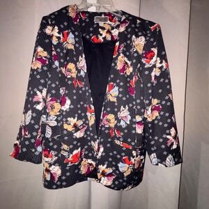 CHELSEA28 Women's Blue Pin Stripe Floral 3/4 Ruched‎ Sleeve Blazer Size Large